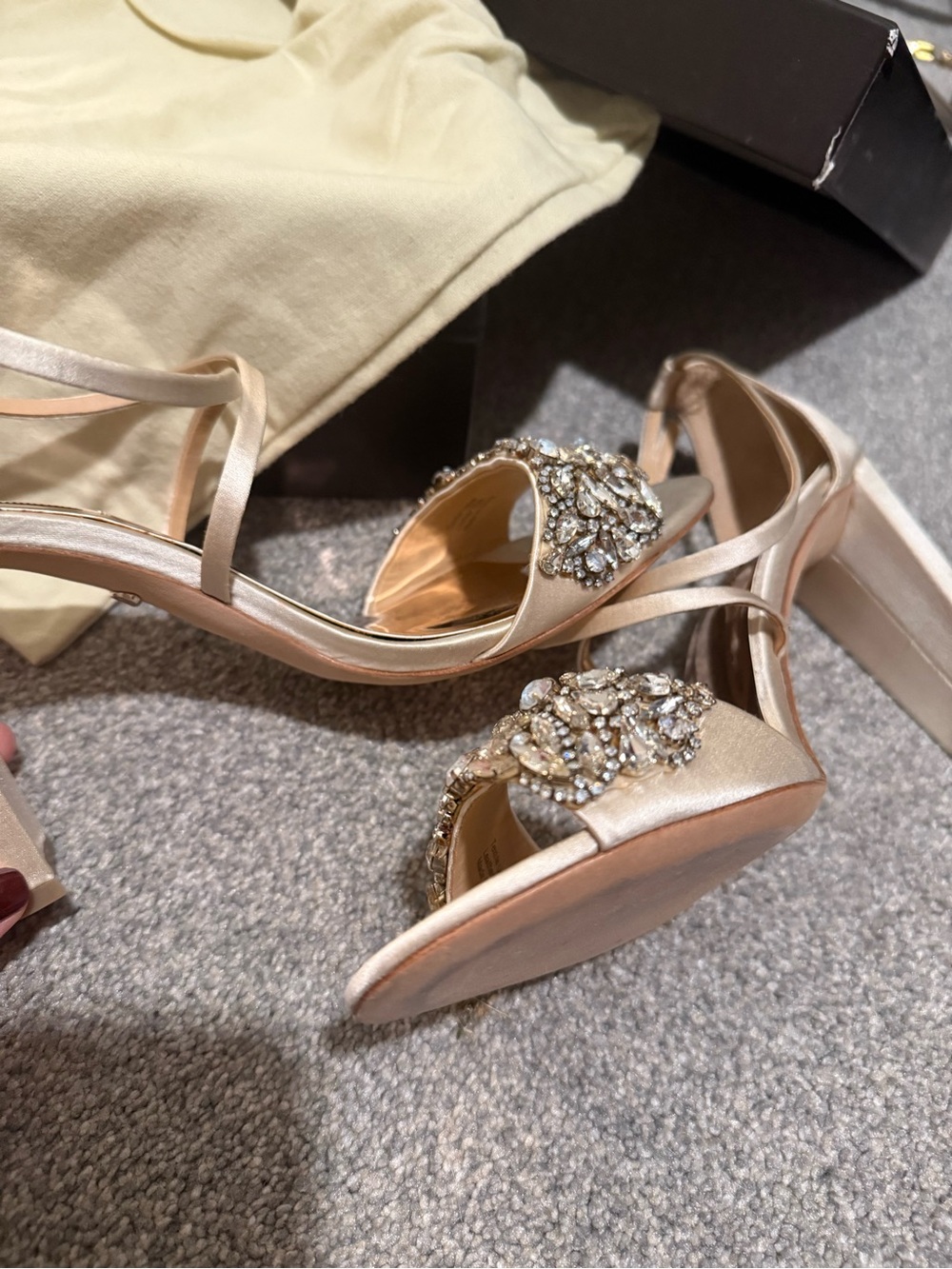 Badgley Mischka Embellished Satin Block Heel Sandals - Champagne